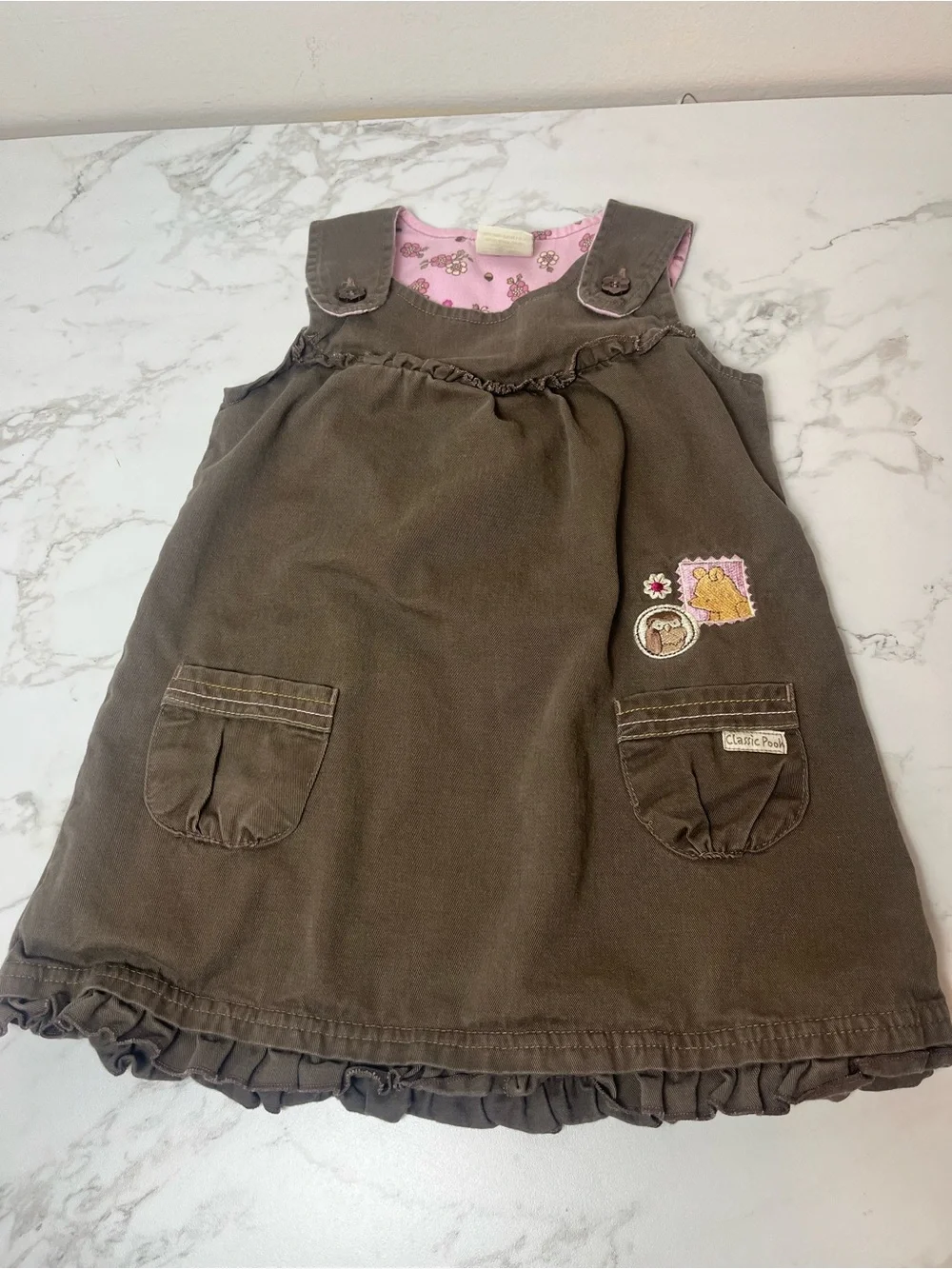 Vintage Classic Pooh Disney Toddler Girls 2T Cotton Jumper Dress Brown Y2K